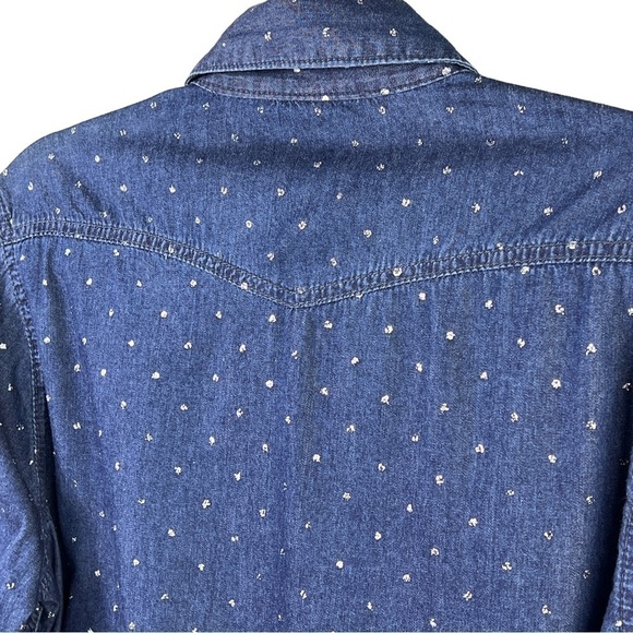 Seven7 Snap Down Blouse Women's Size Large Dark Blue Glitter Dots Western Style - Picture 3 of 10